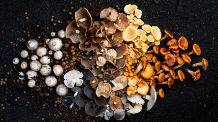 Fototapeta premium Collecting wild mushrooms forest floor artisanal photography soft moody lighting geometric species arrangement