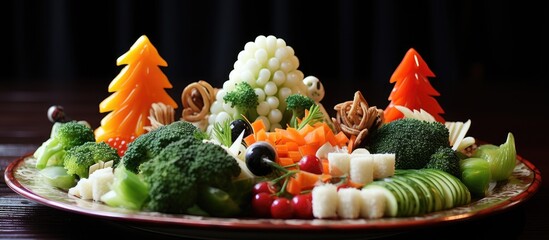 Colorful vegetarian festive dish featuring assorted vegetables crafted into delightful shapes suitable for children avoiding raw fish or meat.