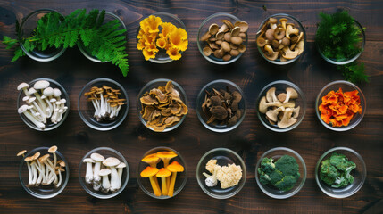Wild mushroom collection forest floor artisanal photography soft moody lighting geometric species arrangement for nature enthusiasts