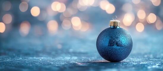 Elegant blue Christmas ornament with sparkling texture against a blurred bokeh background of soft festive lights. Ideal for holiday themes.