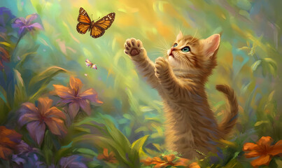 Fototapeta premium A playful kitten reaching for a butterfly in a vibrant, colorful garden.