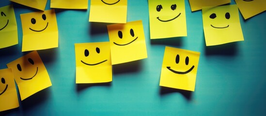 Bright yellow sticky notes with smiley faces on a blue background representing positivity and happiness in creative communication and organization.