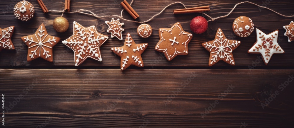 Poster festive gingerbread cookies with icing on rustic wooden tabletop adorned with cinnamon and christmas