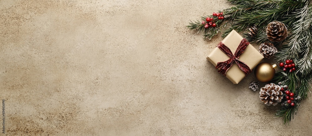 Poster festive christmas gift with fir branch and decorations on a beige slate background flat lay composit