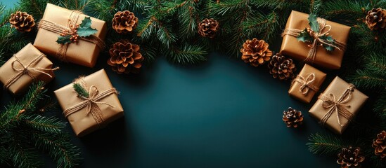 Christmas backdrop featuring beautifully wrapped brown gifts and a pine garland frame ideal for adding your own text or festive messages.