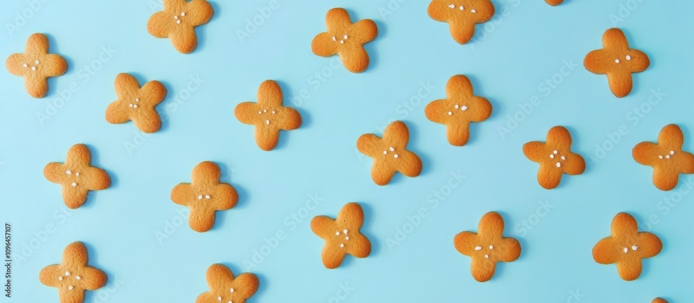 Poster Gingerbread cookies arranged in a playful pattern on a light blue background creating a festive holiday atmosphere