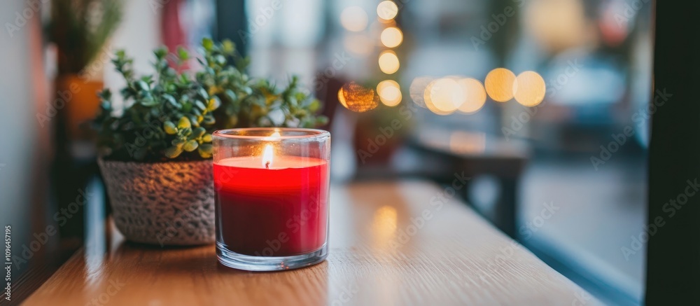 Poster red candle glowing on a wooden table with blurred background lights creating a cozy and inviting atm