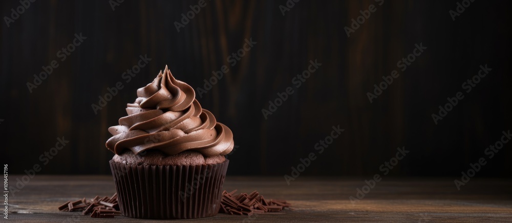 Poster chocolate cupcake adorned with rich chocolate mousse frosting on a rustic dark wooden surface ideal 