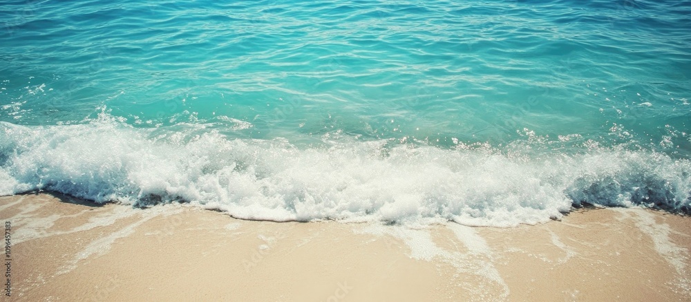 Aufkleber serene turquoise ocean waves lapping at a sandy beach under bright sunlight creating a tranquil coas