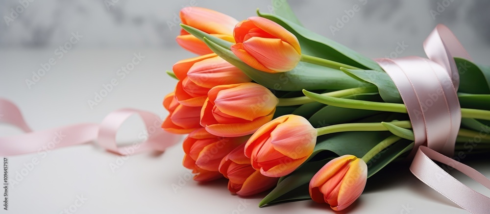Poster bouquet of peach tulips elegantly arranged with a satin ribbon against a soft light backdrop for cel
