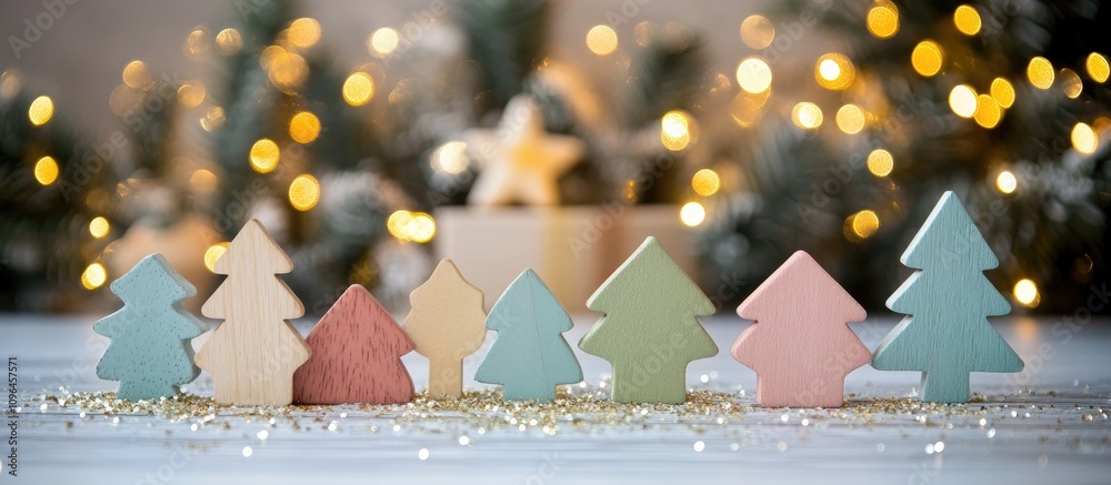 Poster wooden christmas tree ornaments lined up against a shimmering bokeh background of golden stars and f