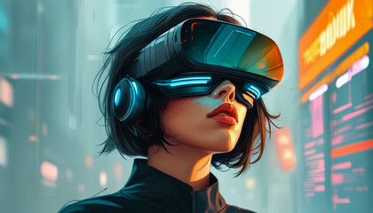 Colorful image of a woman in a virtual reality headset, VR glasses, the concept of modern technologies and innovations