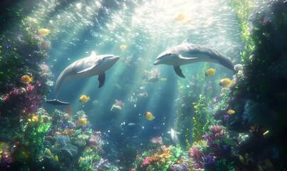 Obraz premium Two dolphins swimming in a vibrant underwater scene filled with colorful coral and fish.