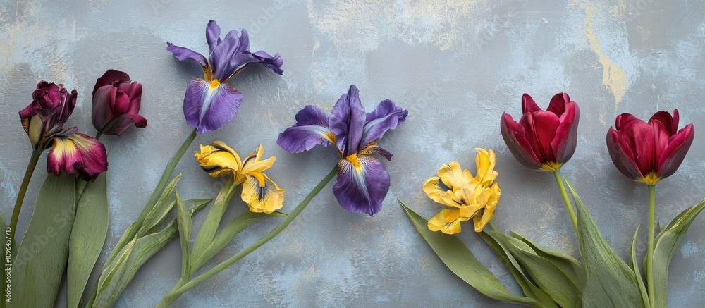 Poster colorful spring tulips and irises arranged on a textured gray background ideal for adding promotiona