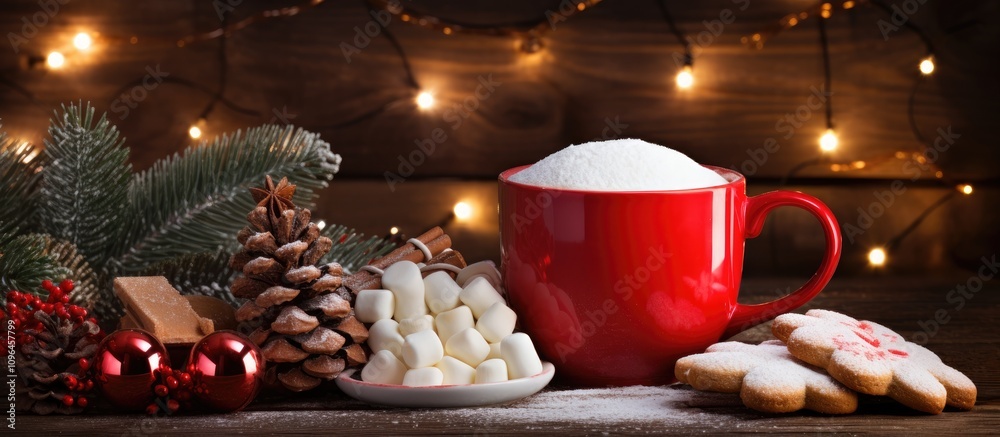 Poster cozy christmas still life with red mug of cocoa marshmallows cookies festive decorations and pinecon