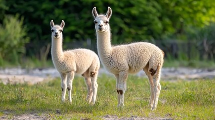 Obraz premium two llamas standing next to each other in a field, surrounded by lush green grass and trees in the background The llamas are white in color, and the background is