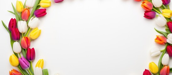 Colorful tulips arranged in a circular frame on a white blanket creating a vibrant spring background with space for text and design elements