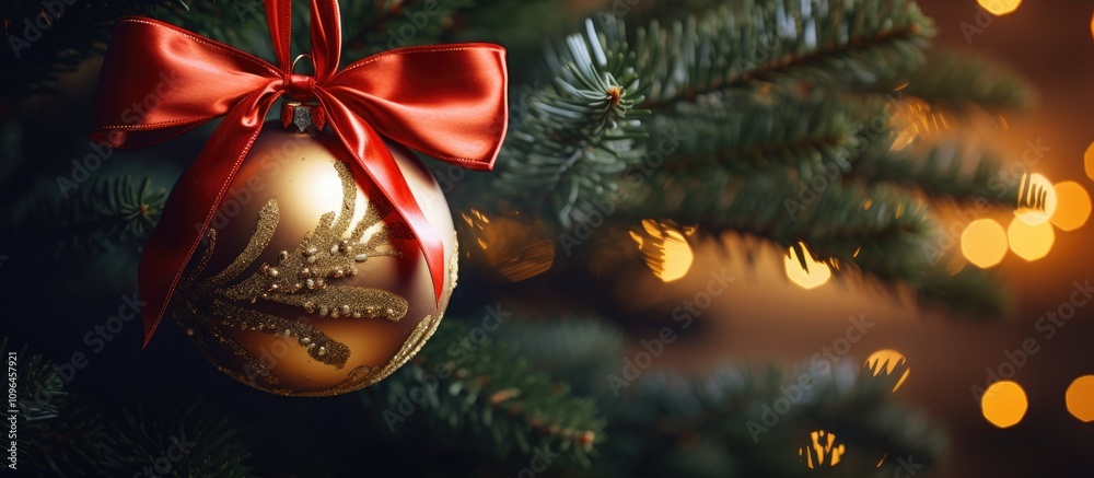 Poster golden christmas ornament with red bow hanging on evergreen tree branch illuminated by warm light bo