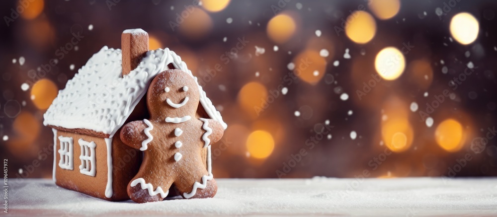 Poster gingerbread man in front of gingerbread house with snowy winter background and festive bokeh lights 