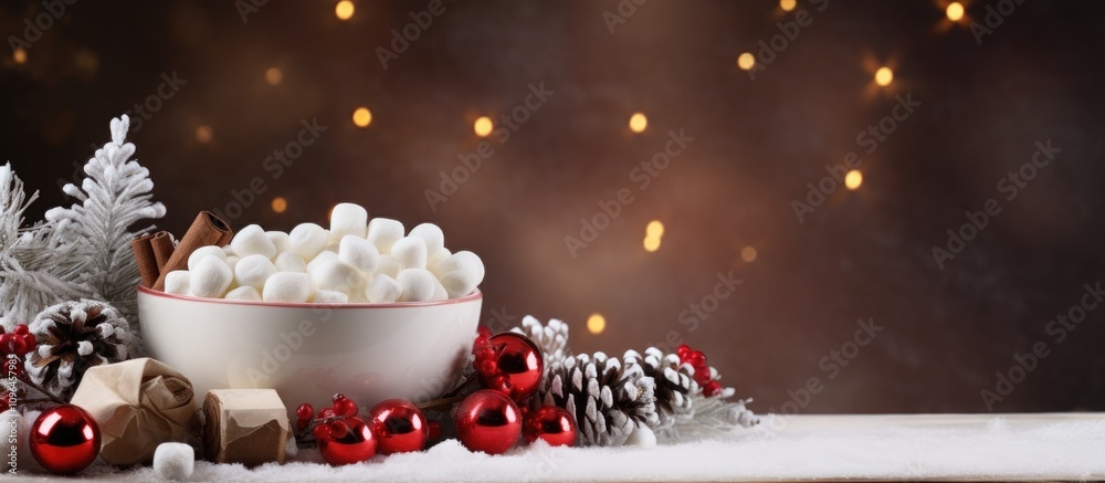 Poster festive holiday cocoa with marshmallows garnished with ornaments and pinecones on a blurred backdrop