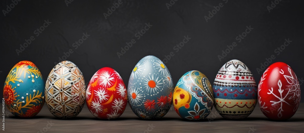 Poster vibrantly decorated easter eggs arranged on a textured gray background showcasing intricate patterns