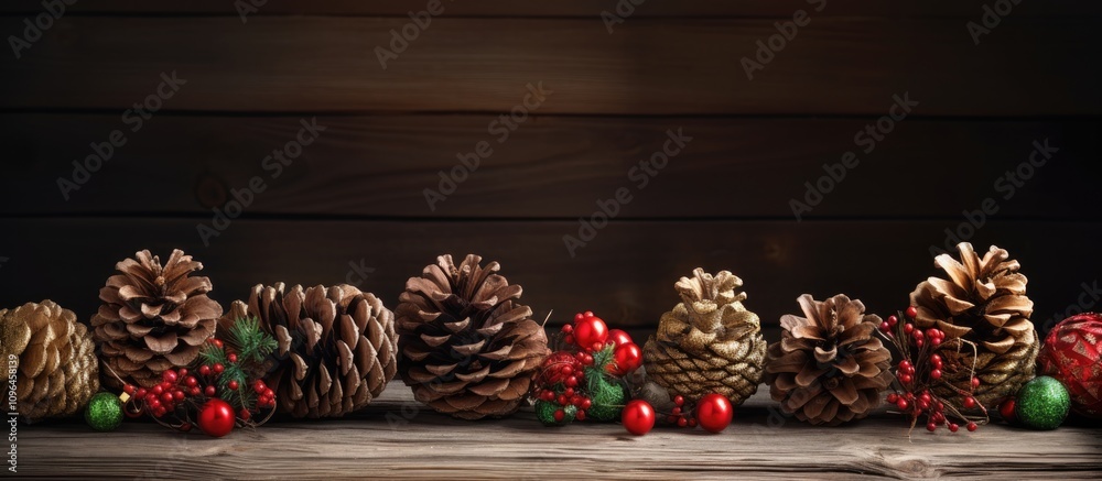 Aufkleber festive pine cone and toy christmas decorations arranged on rustic wooden background creating a warm