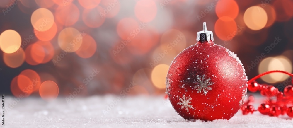 Poster red christmas ornament adorned with snowflakes resting on white tinsel with blurred festive lights i
