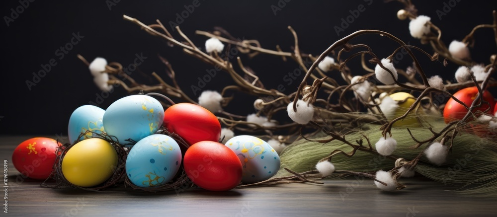 Aufkleber vibrant easter eggs arranged on a wooden table with willow branches creating a festive spring atmosp