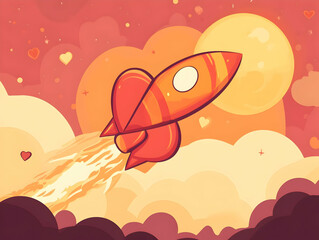 A colorful rocket soaring through a dreamy sky filled with hearts and clouds.