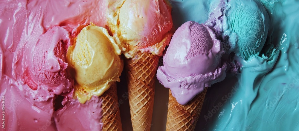 Aufkleber Colorful ice cream scoops in waffle cones arranged on a vibrant background creating a delightful summer dessert theme.