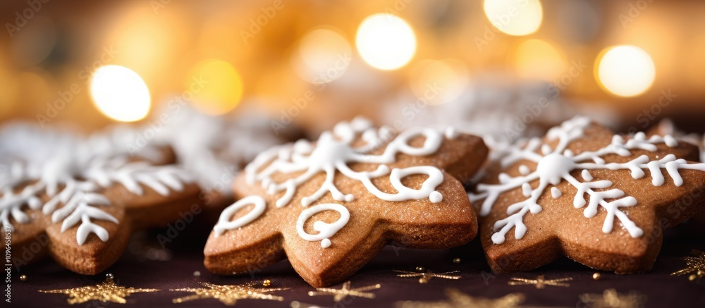 Aufkleber gingerbread cookies decorated with icing on a festive background with soft focus lights creating a w