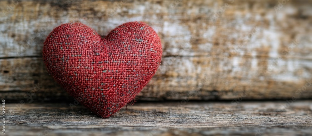 Poster red fabric heart on rustic wooden background conveying love and warmth in a cozy setting perfect for