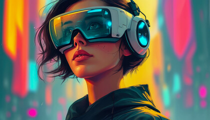 Colorful image of a woman in a virtual reality headset, VR glasses, the concept of modern technologies and innovations