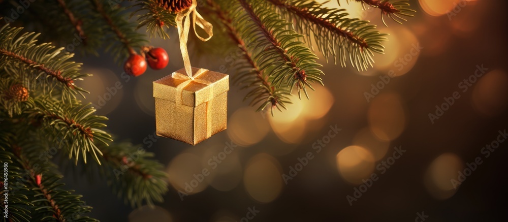 Aufkleber tiny golden gift box ornament hanging from a coniferous branch with festive bokeh background creatin