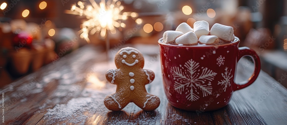 Poster Cozy cocoa with marshmallows and gingerbread on rustic table with festive decorations and sparkler celebrating winter warmth and cheer