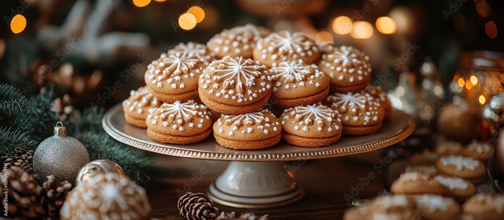 Poster homemade christmas gingerbread cookies elegantly displayed on a festive table with decorative holida