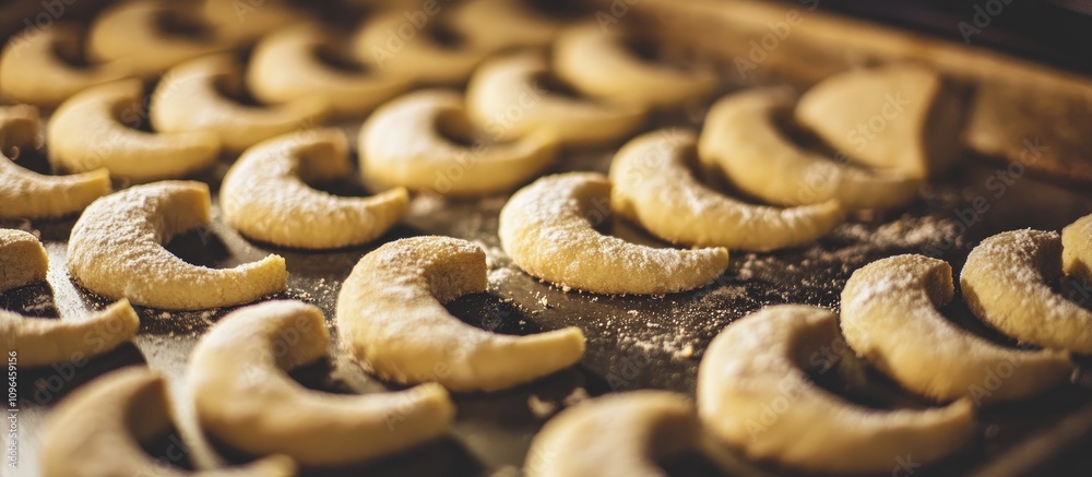 Poster closeup of unbaked crescent-shaped cookies arranged neatly on a baking tray ready for the oven showc