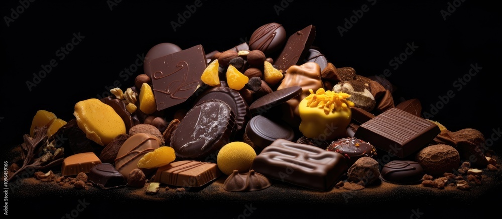 Leinwandbilder Assorted fine chocolates and cookies with lemon nuts arranged on a dark backdrop creating an elegant and indulgent presentation.