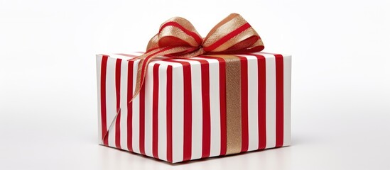 Fototapeta premium Christmas gift box with red and white stripes elegantly tied with a gold ribbon on a clean white background for festive celebrations.