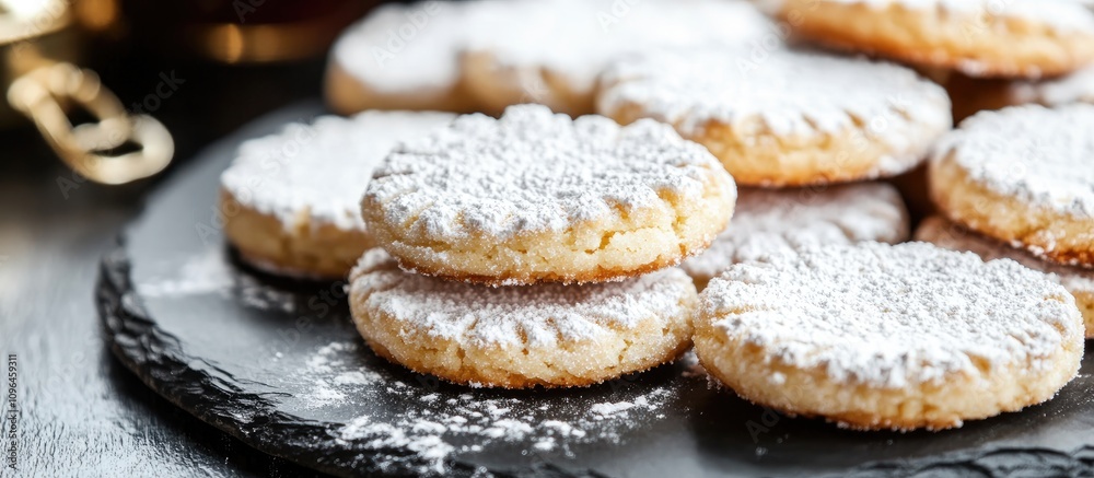 Poster Homemade cookies dusted with powdered sugar arranged on a rustic slate plate showcasing a delightful dessert presentation