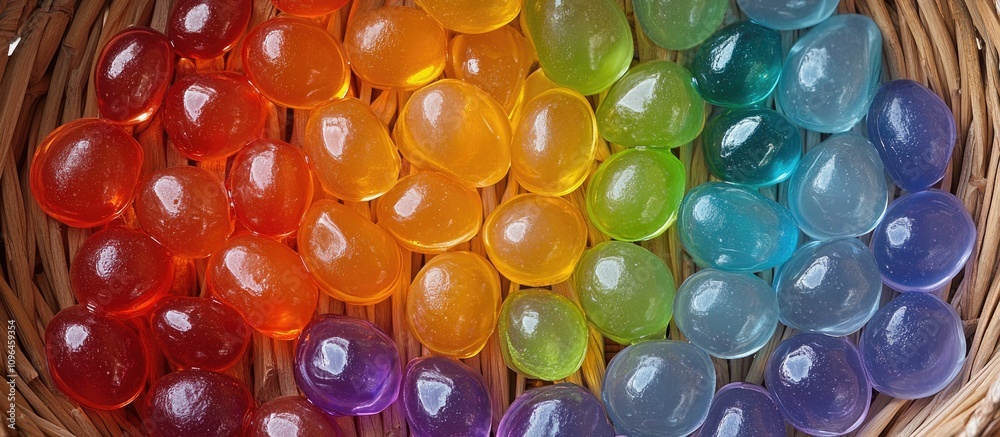 Poster colorful jelly candy easter eggs arranged in a vibrant rainbow pattern in a wicker basket viewed fro