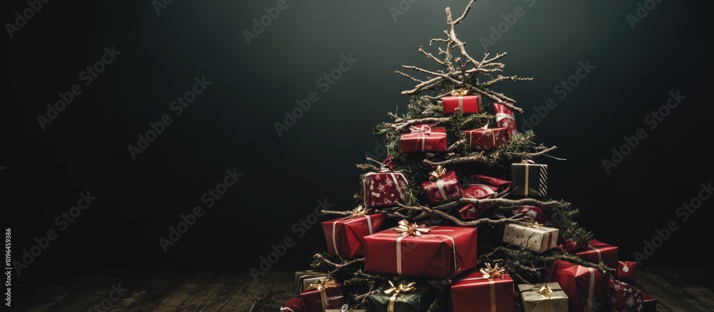 Aufkleber creative christmas tree design made from branches surrounded by beautifully wrapped presents in a di