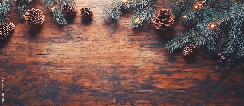 Poster christmas arrangement with fir branches and pine cones on wooden surface flat lay top view with empt