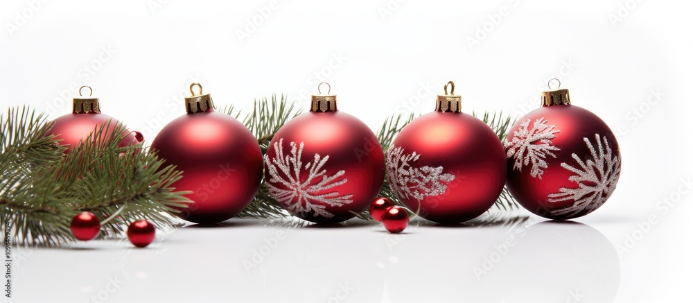 Poster red christmas ornaments with snowflake designs and fir tree branches on a white background for festi
