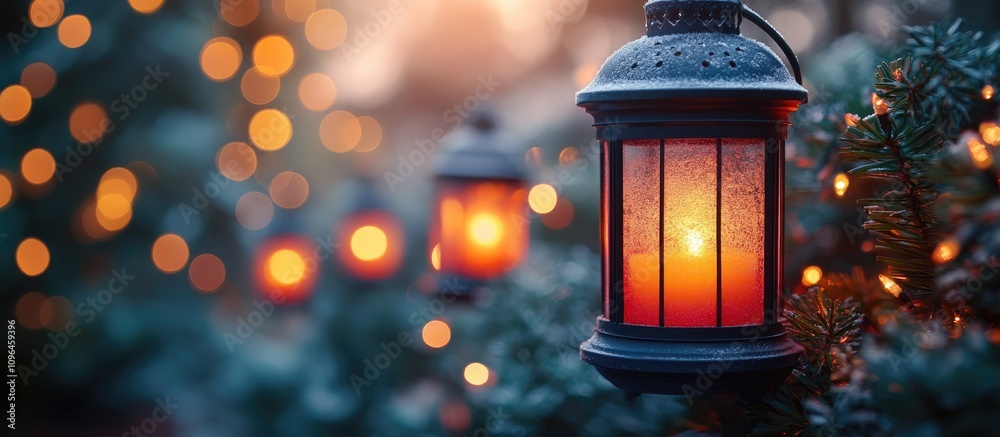 Poster festive christmas lanterns glowing softly with a bokeh backdrop of warm holiday lights in a serene w