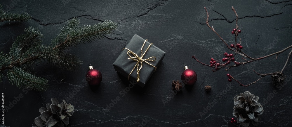 Poster elegant christmas gift with pine branches and red ornaments on a dark slate background creating a fe