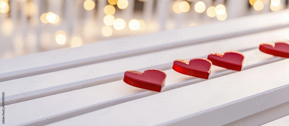 Poster heart shapes arranged on a white wooden bench creating a festive celebration atmosphere with a dream