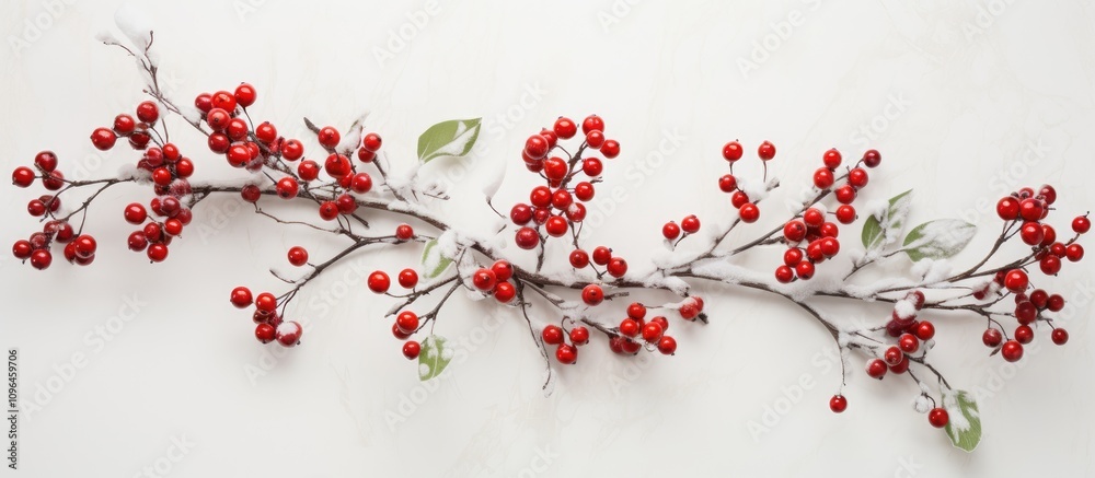 Poster Christmas branch arrangement with red berries and leaves flat lay view on white background ideal for seasonal decorations and text space
