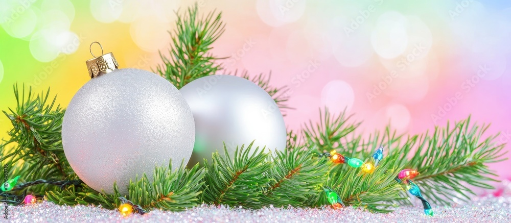 Aufkleber christmas ornaments on pine tree branches surrounded by colorful bokeh lights creating a festive hol