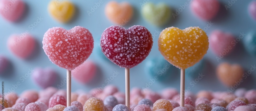 Poster colorful heart-shaped lollipops with pastel backdrop surrounded by candy creating a whimsical candy 
